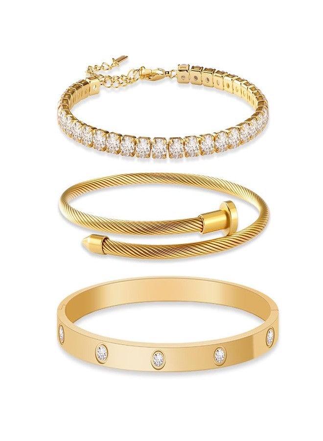 JUNVirtuous 3-Pack Gold Bracelets for Women,18K Gold Plated Bangle Tennis Bracelets Stack Set for Women Trendy Non Tarnish Stainless Steel Gold Bangles Accessories Designer Jewelry Pulseras Para Mujer - Image 1